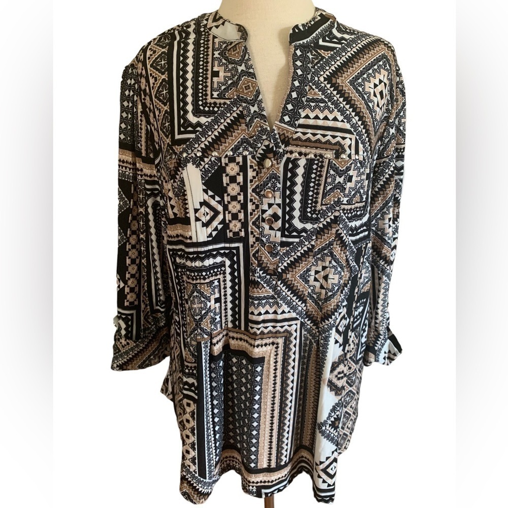 COCOMO 2X studded brown black white 3/4 sleeve Plus Size women's Blouse top